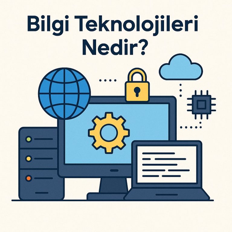 Bilgi Teknolojileri Nedir?" başlıklı infografik; bir masaüstü bilgisayar, dizüstü bilgisayar, sunucu, dünya simgesi, bulut, kilit ve mikroçip ikonlarıyla BT bileşenlerini temsil eder.
