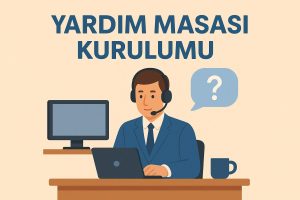 "YARDIM MASASI KURULUMU" başlığının yer aldığı dijital bir illüstrasyonda, açık bej arka plan önünde bir masa arkasında oturan kulaklıklı ve takım elbiseli bir destek temsilcisi laptop ile çalışıyor. Sol yanında bir bilgisayar monitörü, sağında bir kahve kupası ve soru işareti içeren bir konuşma balonu bulunuyor.