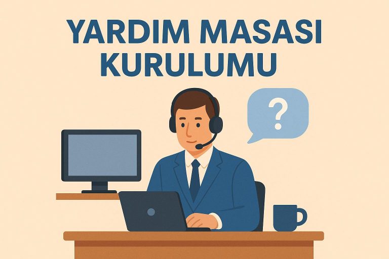 "YARDIM MASASI KURULUMU" başlığının yer aldığı dijital bir illüstrasyonda, açık bej arka plan önünde bir masa arkasında oturan kulaklıklı ve takım elbiseli bir destek temsilcisi laptop ile çalışıyor. Sol yanında bir bilgisayar monitörü, sağında bir kahve kupası ve soru işareti içeren bir konuşma balonu bulunuyor.