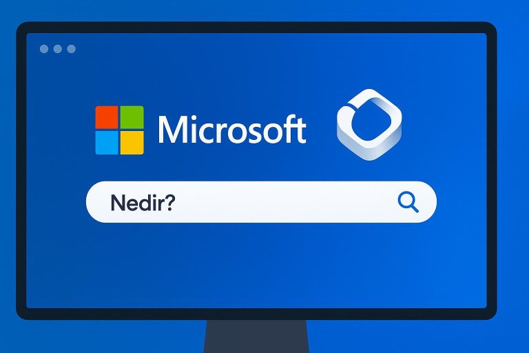 Mavi bir ekran üzerinde, Microsoft logosu ve Microsoft Copilot logosu yan yana yer alıyor. Altında beyaz ve oval köşeli bir arama çubuğu içinde 'Nedir?' yazısı ve sağda büyüteç simgesi bulunuyor. Arayüz, modern ve sade bir tasarımla sunulmuş.