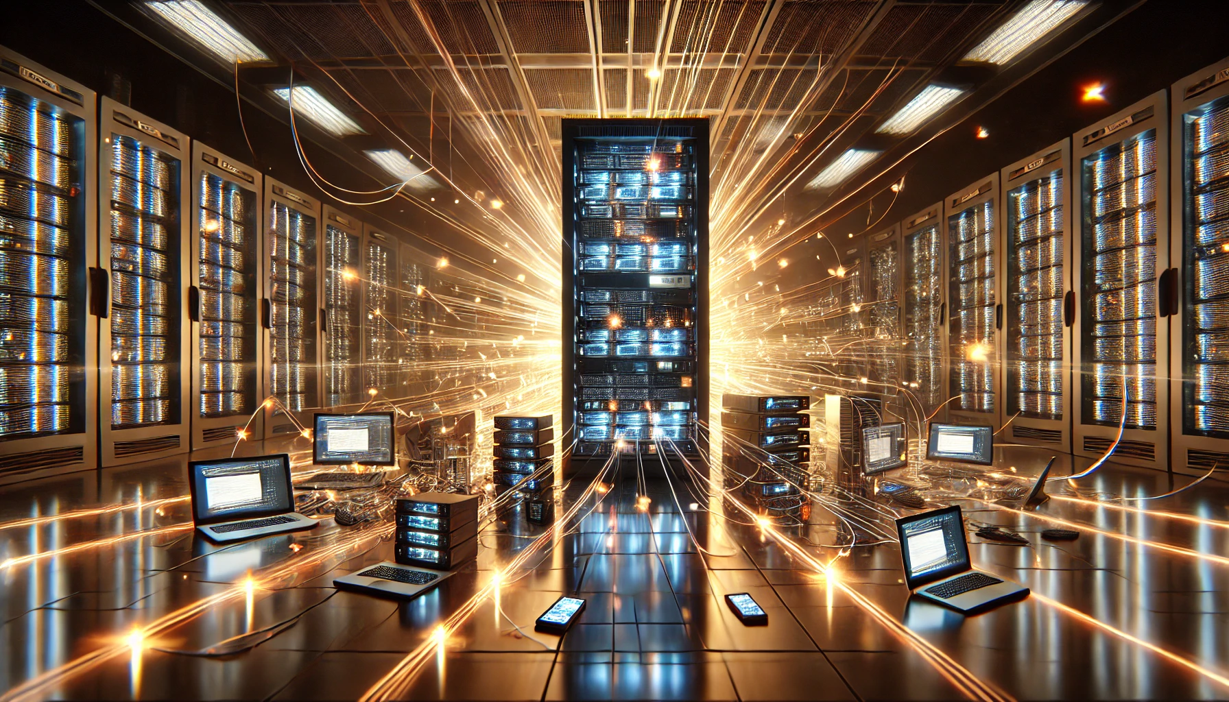 Ddos saldırlarını temsil eden, siteme birden fazla cihazdan saldırmayı temsil eden teknolojik ve donanımsal bir görsel