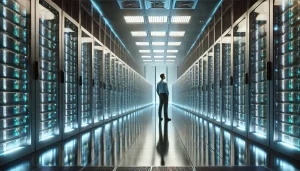 Sonu görünmeyen geniş bir server odasında, arkası dönük bir adam sunucuları inceliyor. Odada sıra sıra dizilmiş modern sunucular, mavi ve yeşil LED ışıklarıyla aydınlanıyor. Parlak zemin, ışıkları yansıtarak teknolojik bir atmosfer yaratıyor. Tavan kısmında havalandırma sistemleri ve kablo düzenleme yapıları görünürken, loş ışıklandırma sahneye gerçekçilik katıyor.