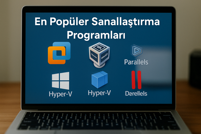 Popüler sanallaştırma programlarını gösteren laptop ekranı masa üzerinde duruyor