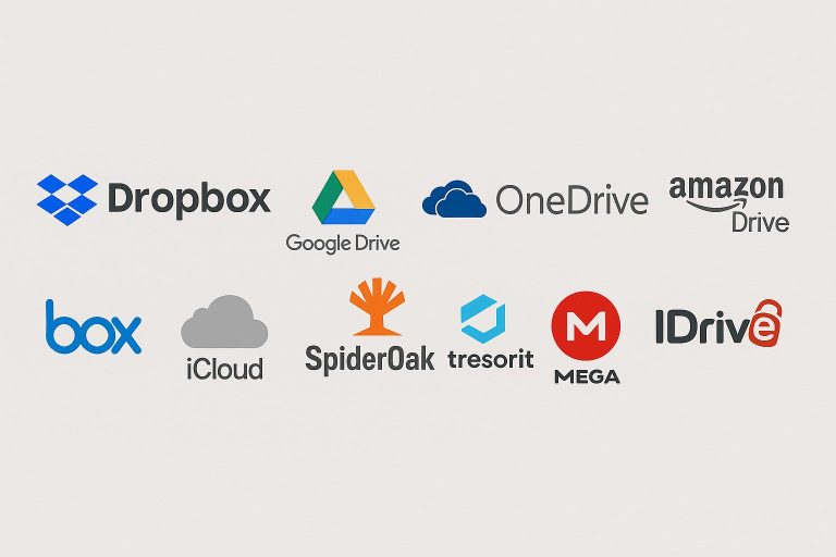 Yatay olarak hizalanmış sade bir arka plan üzerinde; Dropbox, Google Drive, OneDrive, Amazon Drive, Box, Apple iCloud, SpiderOak, Tresorit, MEGA ve IDrive logolarını içeren, minimal bir tasarımda bulut depolama servislerinin logolarını gösteren görsel.