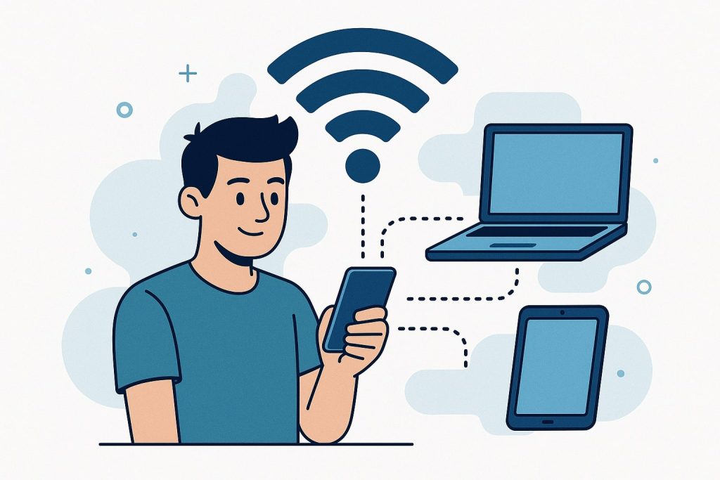 Mobil cihaz üzerinden internet paylaşımı yapan bir kullanıcıyı gösteren hotspot bağlantı konseptli illüstrasyon – WiFi simgesi, bağlı cihazlar ve veri akışı temasıyla