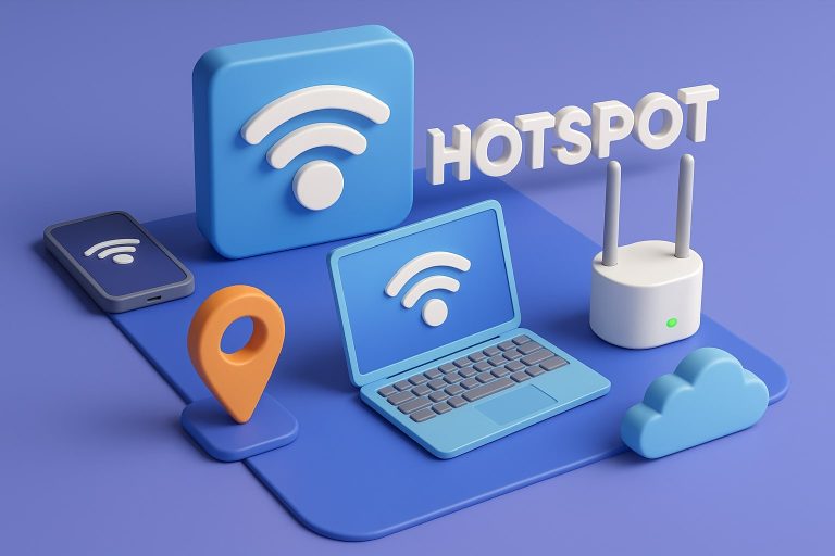 Hotspot yazısı ve objeleri içeren (modem,laptop,mobil telefon) 3D görsel