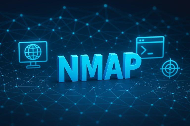 NMAP yazılı 3D font ile yazılmış mavi arka plana sahip web ve port odaklı görsel
