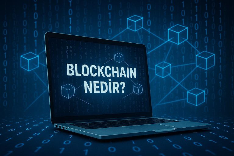 Blockchain teknolojisini temsil eden sayı ve ağ iletişimini anlatan mavi arka planlı blockchain nedir yazan görsel