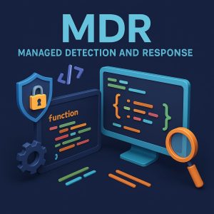 Koyu mavi arka plan üzerinde, üstte büyük puntolu “MDR” ve altında “Managed Detection and Response” yazısı yer alan 3D tasarım. Görselde renkli kod satırları bulunan iki monitör, yanında turuncu saplı büyüteç, sol tarafta kilit simgeli mavi kalkan ve dişli çark bulunuyor. Kod parçaları, süslü parantezler ve satır çizgileri turuncu, yeşil, mavi ve kırmızı tonlarda işlenmiş.