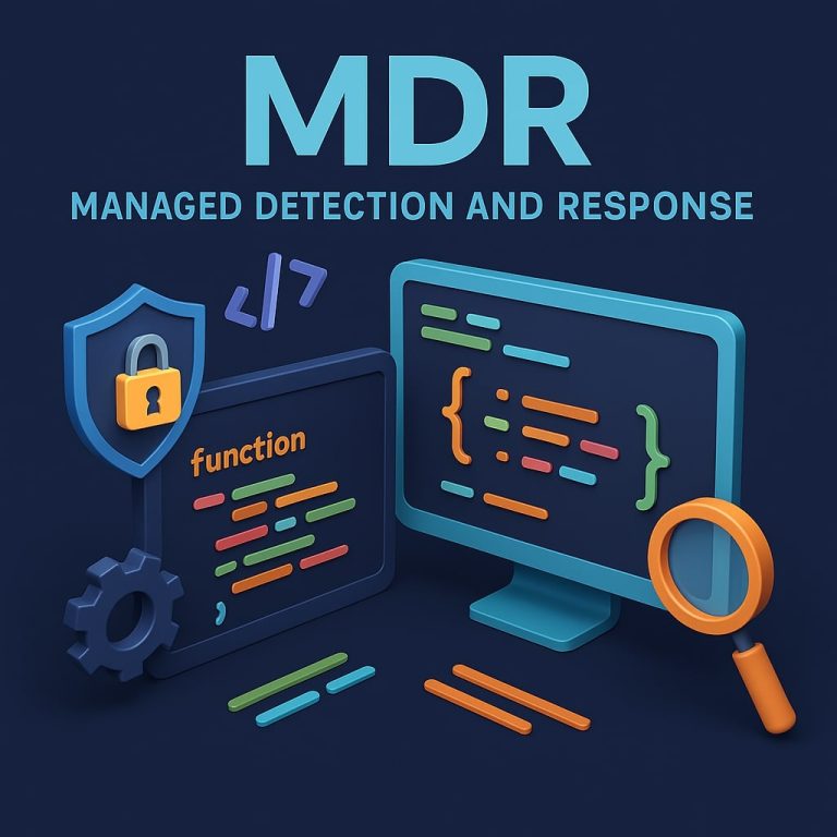 Koyu mavi arka plan üzerinde, üstte büyük puntolu “MDR” ve altında “Managed Detection and Response” yazısı yer alan 3D tasarım. Görselde renkli kod satırları bulunan iki monitör, yanında turuncu saplı büyüteç, sol tarafta kilit simgeli mavi kalkan ve dişli çark bulunuyor. Kod parçaları, süslü parantezler ve satır çizgileri turuncu, yeşil, mavi ve kırmızı tonlarda işlenmiş.
